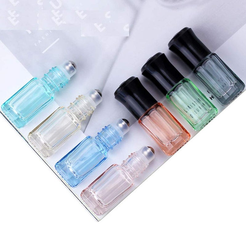 Luzen 12Pcs 3ml Colorful Octagonal Glass Roller Bottles Mini Essential Oil Massage Roll-on Bottle Vials Travel Cosmetic Perfume Sample Containers with Steel Ball Black Cap, 1PC Transfer Dropper and Funnel - Image 3